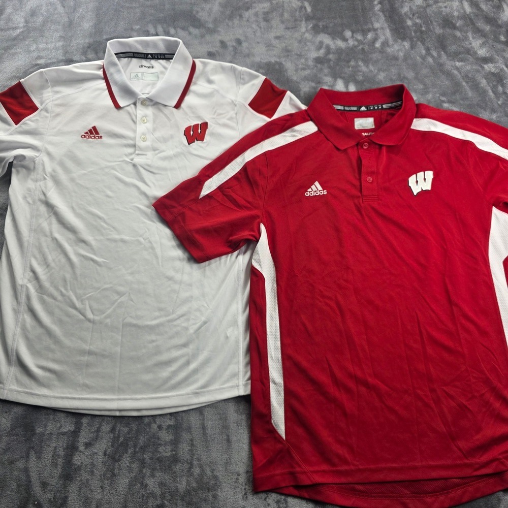 Adidas Polo Shirt Mens Medium Red White Wisconsin Badgers Climalite Bundle 2pk